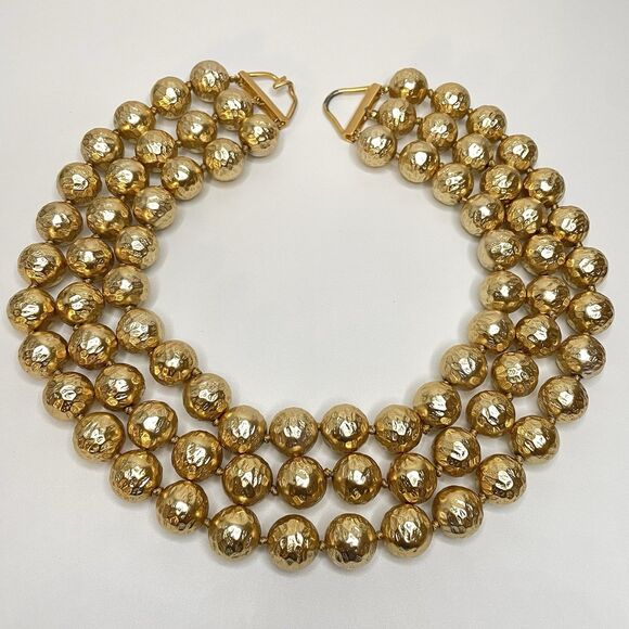 Vintage Les Bernard Gold Ball Beaded 3 Layer Necklace 16mm Statement Bold - Picture 3 of 9